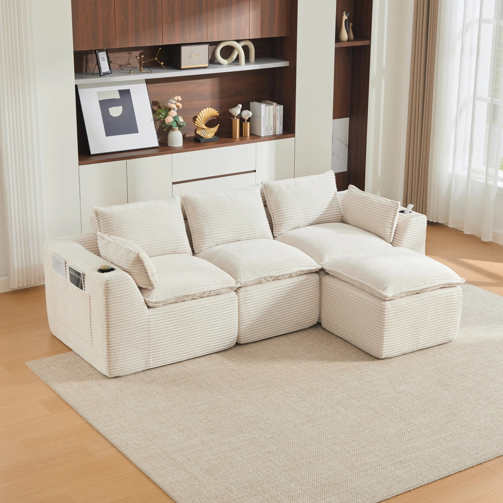 Divano modulare 3 posti - con cuscini e tasche laterali - in corduroy beige