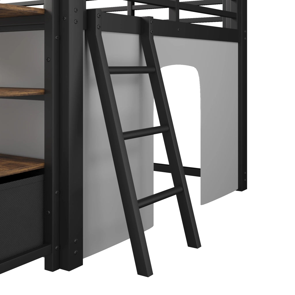 Letto a soppalco 140x200 cm con scrivania integrata; scaffali e cassetti; metallo nero
