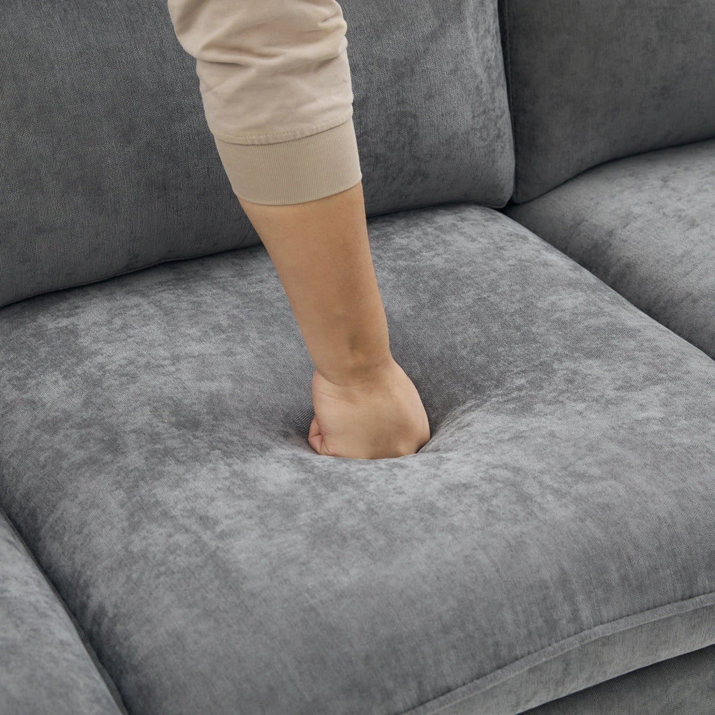Divano modulare 4 posti a U in ciniglia grigia con 2 pouf contenitore e gambe in legno