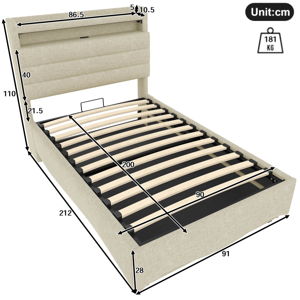 Letto singolo con contenitore 90 × 200 cm con LED; USB e Type-C; rivestito in lino beige con vano a ribalta