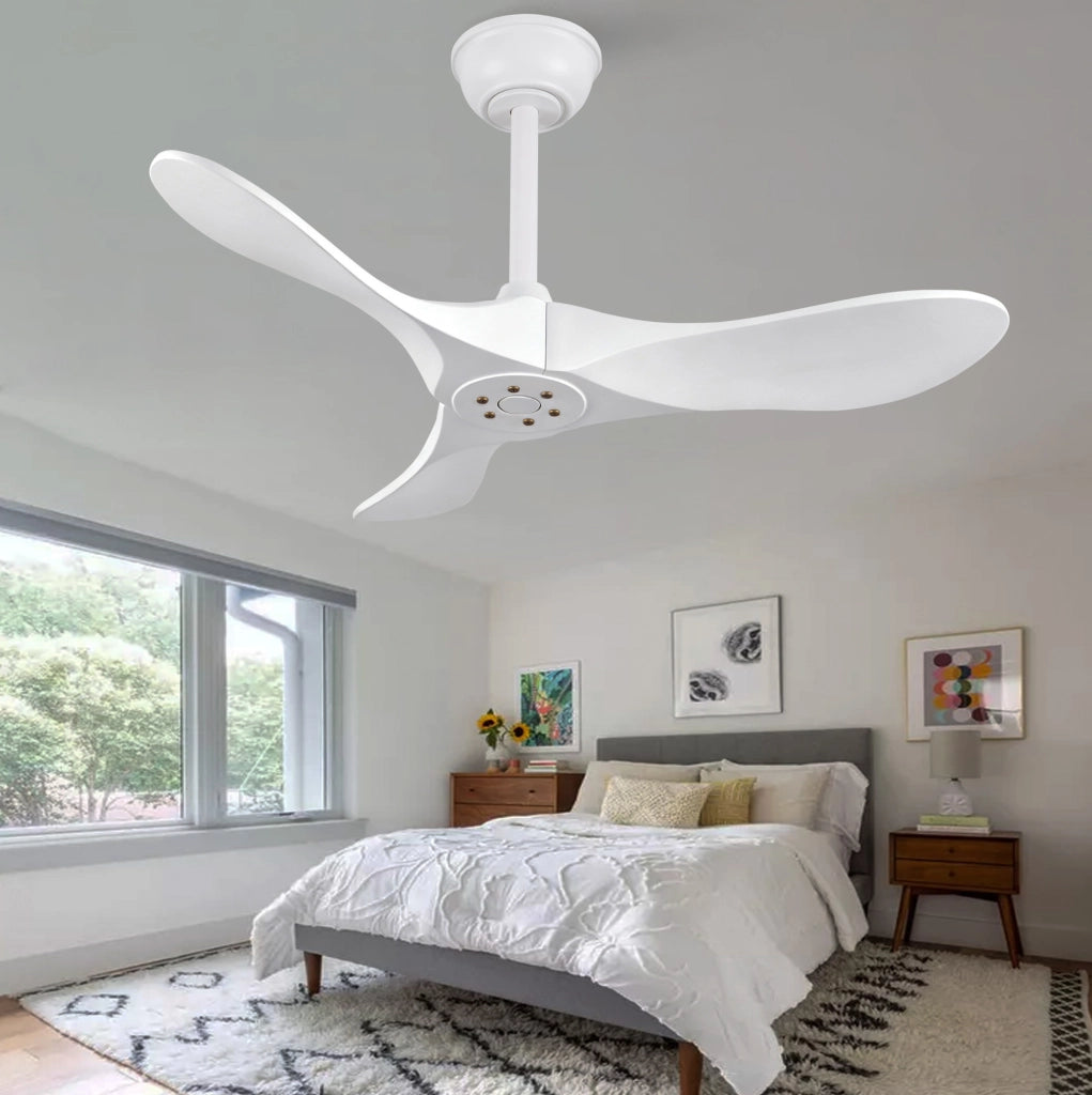 Ventilatore da soffitto 36" bianco con 3 pale in legno massello, telecomando, 6 velocità reversibili e funzione memoria velocità