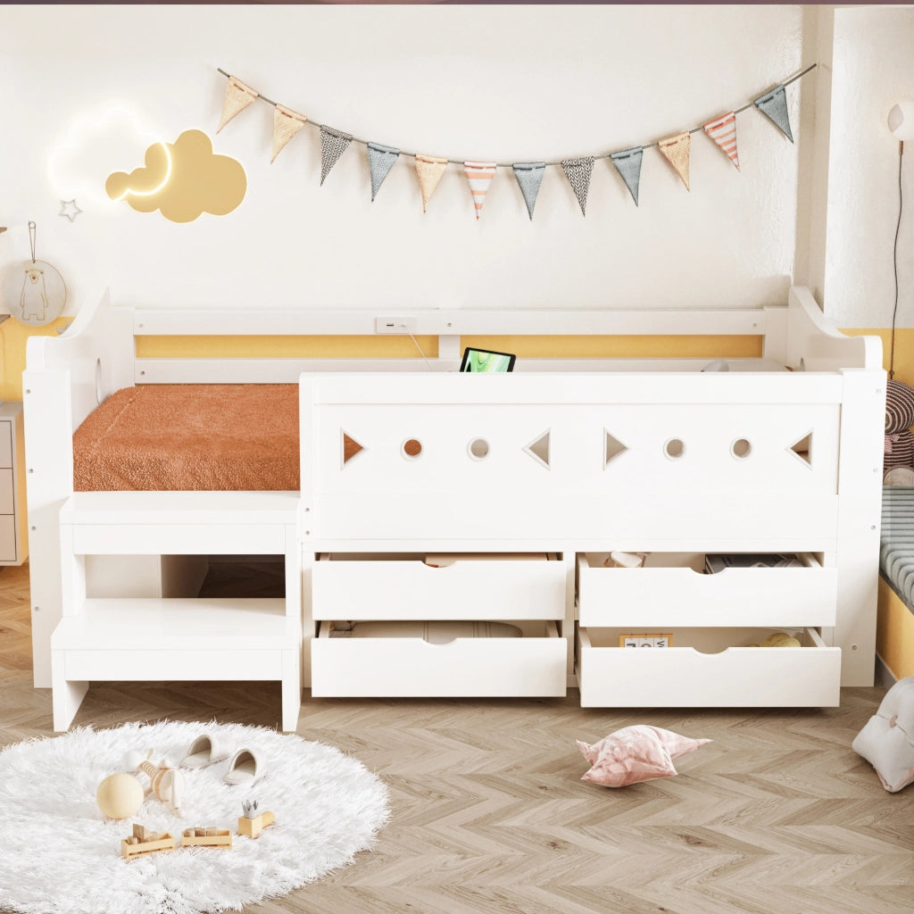 Letto con cassetti 90 × 200 cm con gradini laterali; barriere di protezione; LED; USB e porta Type-C in legno bianco