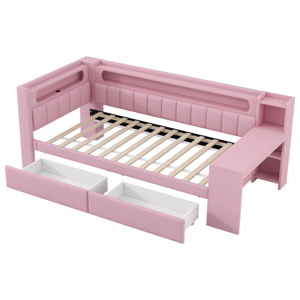 Daybed imbottito 90x200 rosa con USB; LED; scrivania e 2 cassetti