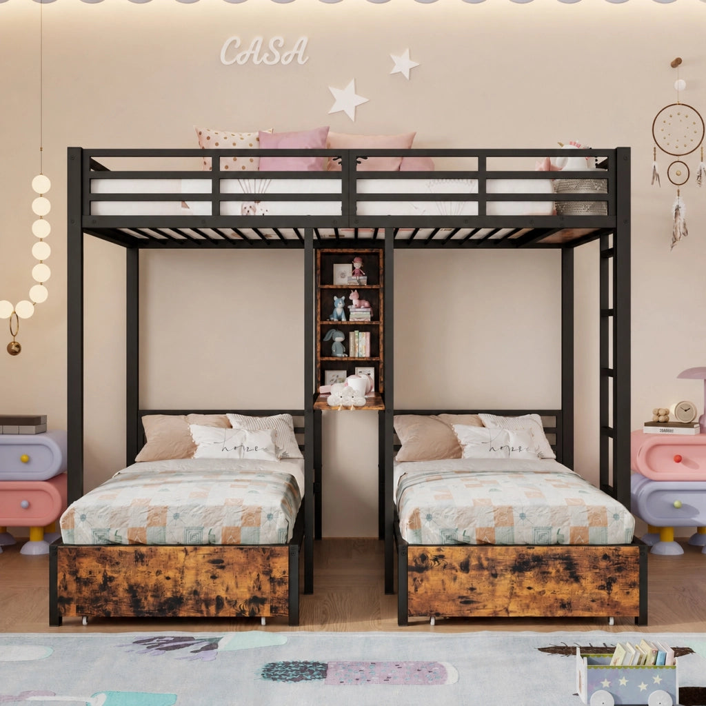 Letto a castello triplo, 140x200 e 90x200, con sponde e vani contenitore, metallo e MDF, nero