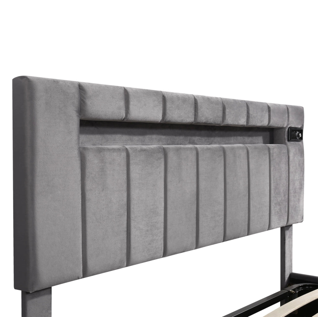 Letto imbottito grigio con LED, lettore Bluetooth, USB e contenitore idraulico