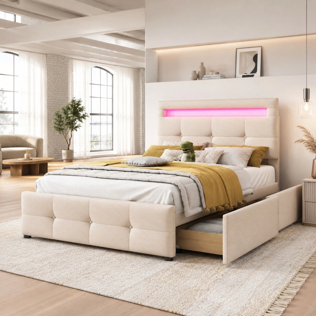 Letto singolo imbottito con LED; 2 cassetti e rete a doghe; beige