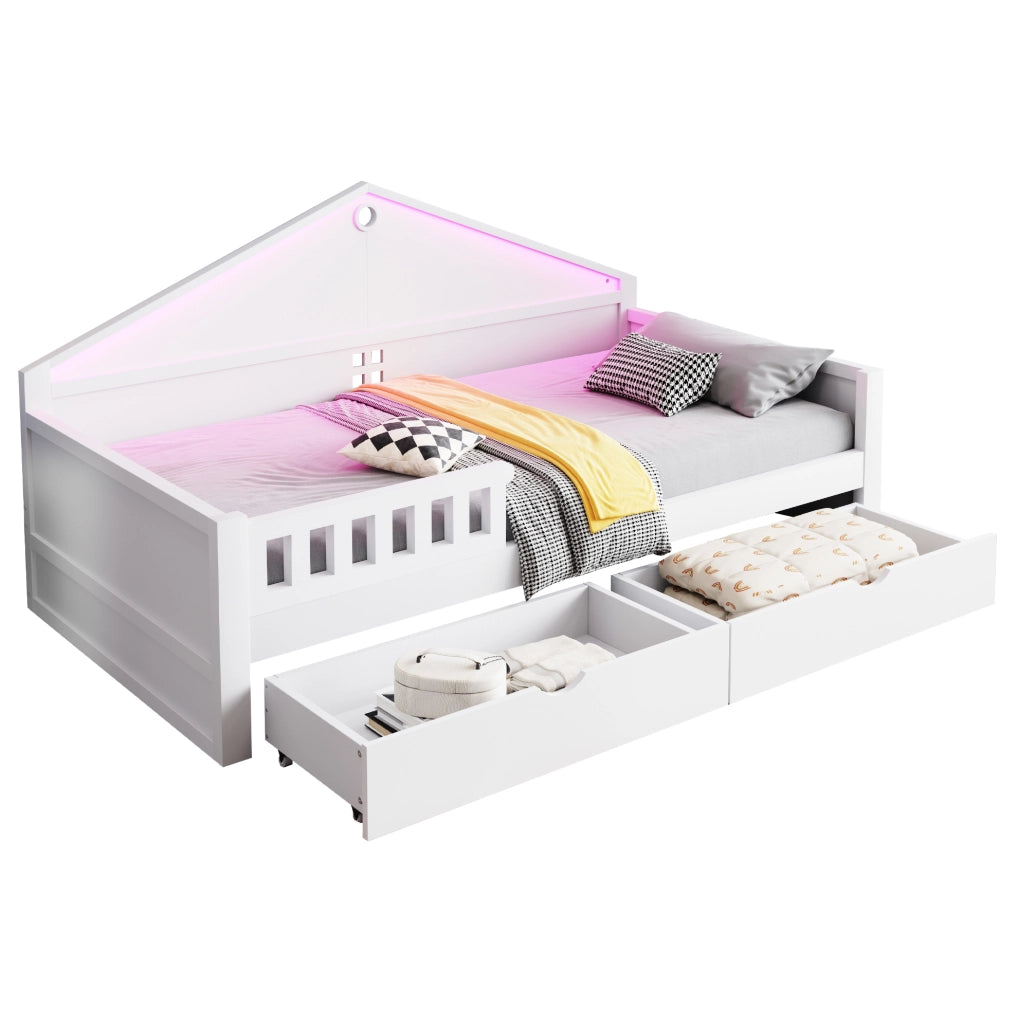 Letto singolo per bambini 90x200 cm in legno con LED integrato e cassetti, bianco