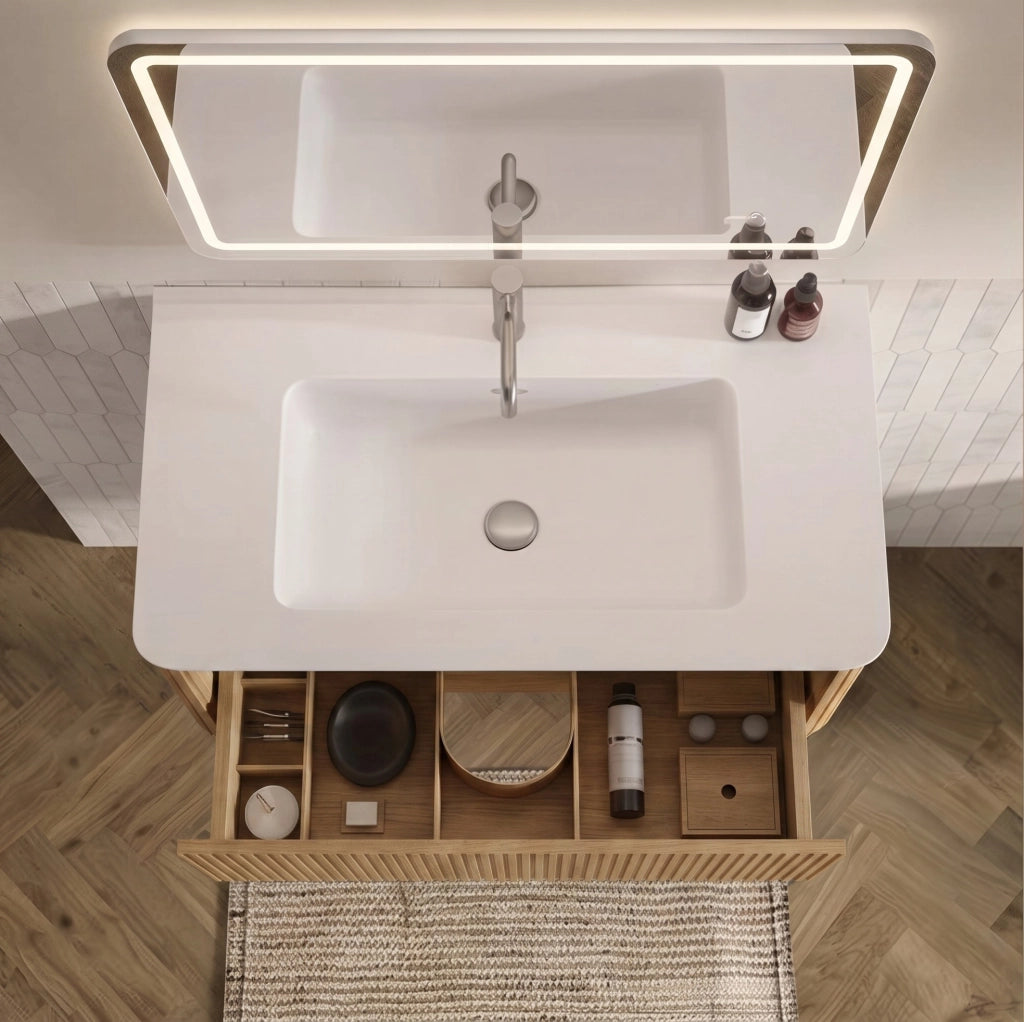 Set mobili bagno sospeso 80 cm con lavabo in pietra sintetica, mobile laterale rovere, specchio LED regolabile con cornice nera