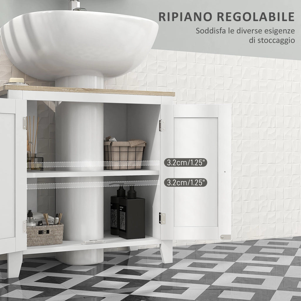 Mobile Sottolavabo Bagno con Intaglio a U Salvaspazio, Mobiletto in MDF con Ripiano Regolabile, 60x30x60 cm, Bianco e Legno