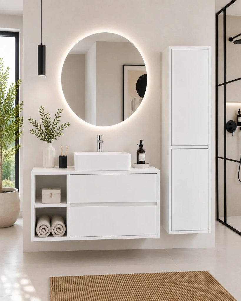 Mobile bagno con top in legno e lavabo da appoggio ORIGENBATH ZEUS senza specchio 100x45 cm Sinistra bianco con colonna