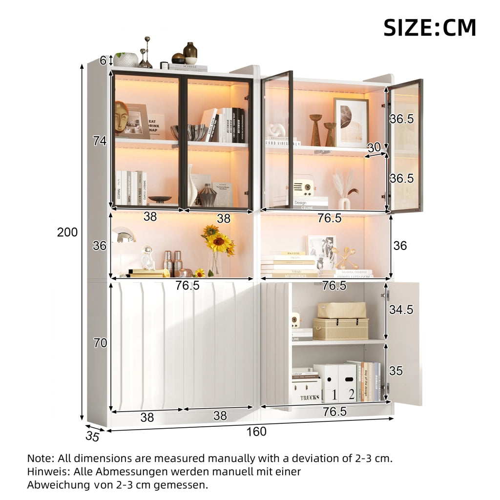 Vetrina con LED Bluetooth a 2 elementi; 8 ante di cui 4 in vetro temprato; bianca; 160 × 35 × 200 cm