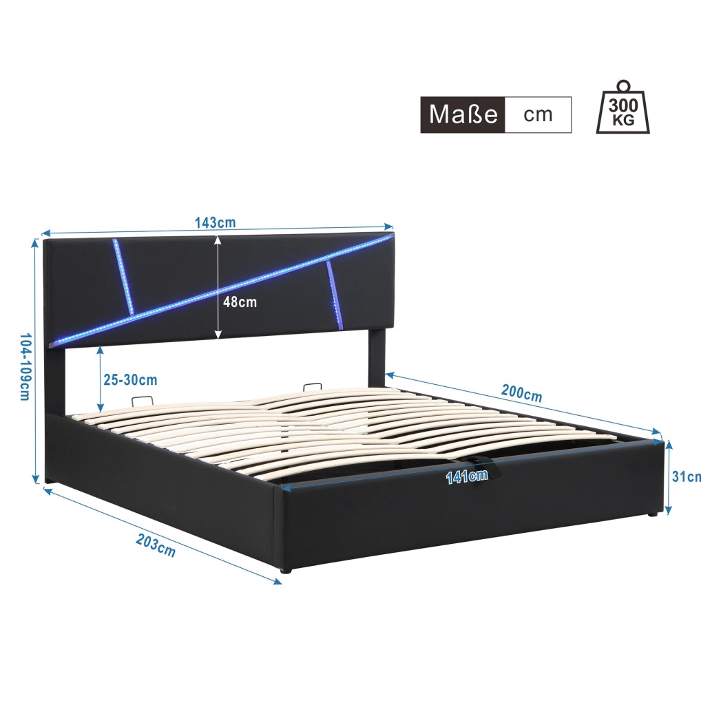 Letto imbottito LED con contenitore e rete a doghe, nero
