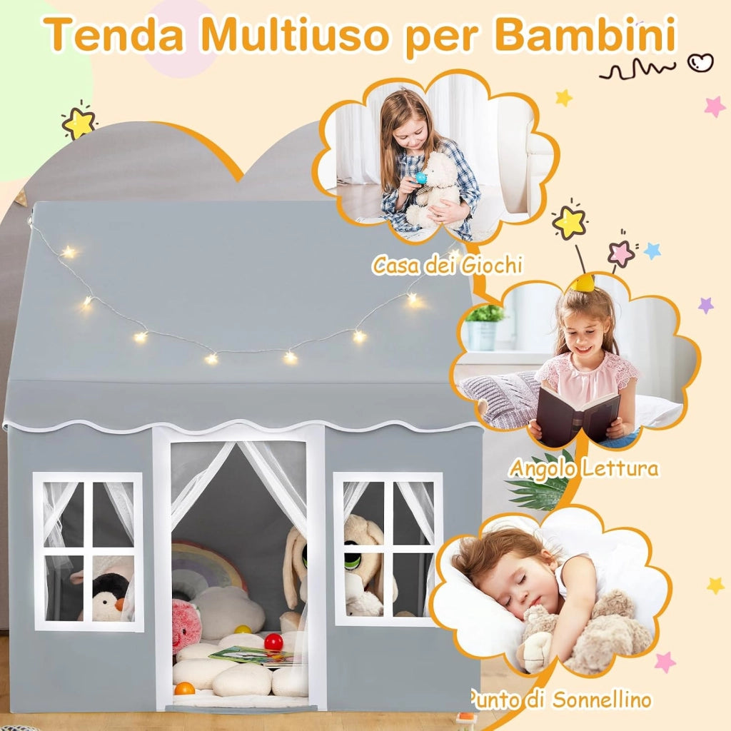 Tenda da Gioco per Bambini con Luci a Stella, Tappetino in Velluto Lavabile e Antiscivolo, Finestre e Tende a Rete, Ideale per Interni ed Esterni per Bambini 3 Anni + (Grigio)