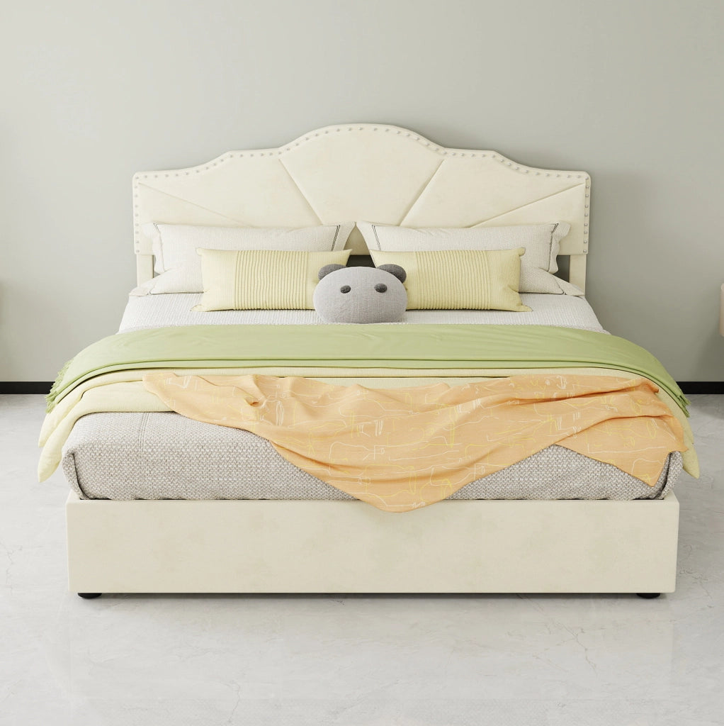 Letto moderno minimalista 160x200 cm beige con testiera imbottita e struttura contenitore con pistone pneumatico, materasso incluso