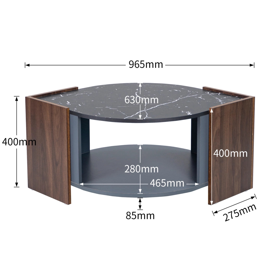 Tavolino da soggiorno con vano contenitore 96;5x63x40 cm; effetto marmo nero e noce