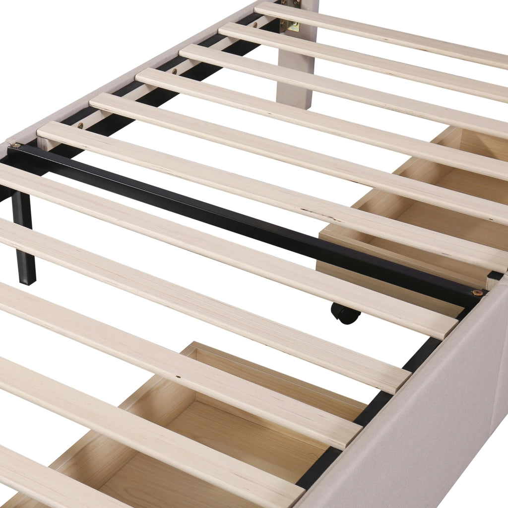 Letto singolo imbottito con LED; 2 cassetti e rete a doghe; beige