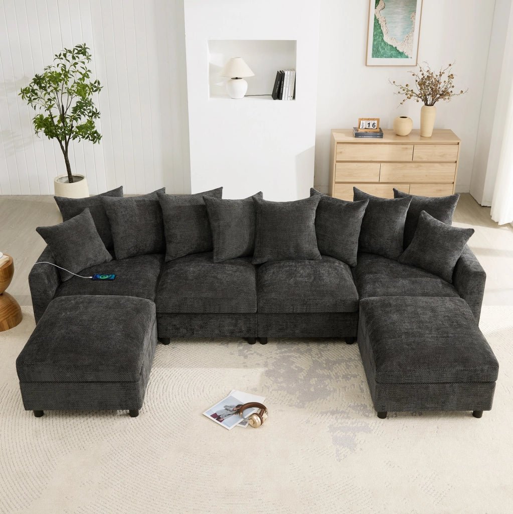 Divano modulare ULEVR 6 posti a U o L con 2 pouf, USB e Type-C, cuscini regolabili, chenille grigio