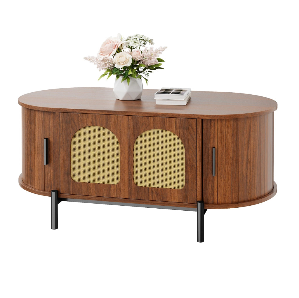 Tavolino da salotto ovale 100x50 cm con ante scorrevoli in rattan color noce HOMVRA