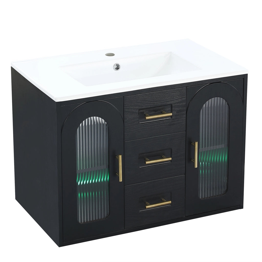 Mobile bagno sospeso 76 cm con lavabo in ceramica, LED e vetro rigato nero