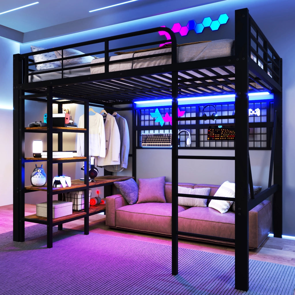 Letto a soppalco 140 × 200 cm con luci LED app ripiano rete appendiabiti metallo MDF nero senza materasso