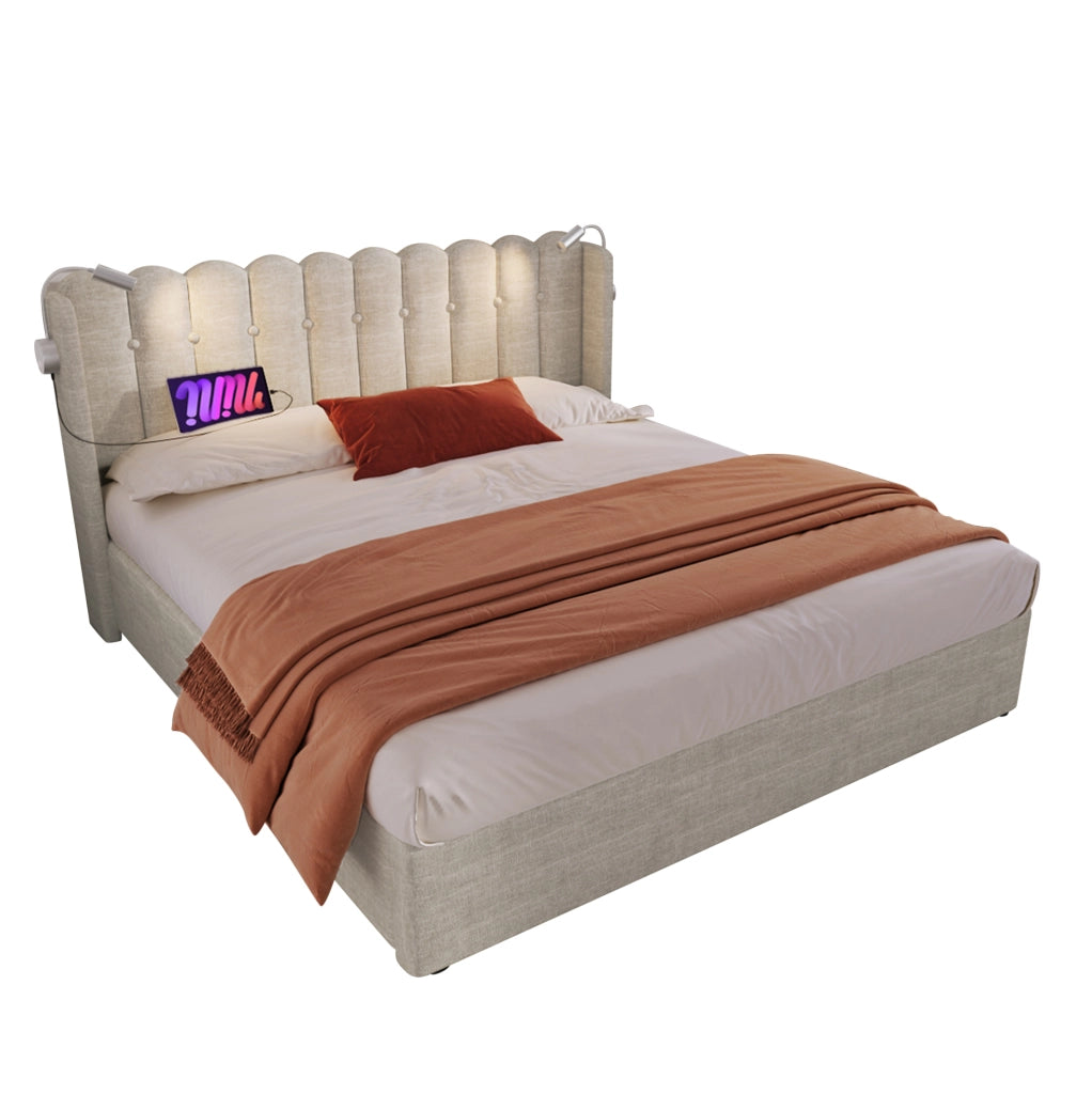 Letto matrimoniale 140x200 cm in lino naturale con contenitore, luce lettura e USB