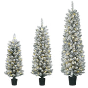 Set 3 Alberi di Natale LED innevati, stretti con rami in PVC, altezze 90/120/150 cm