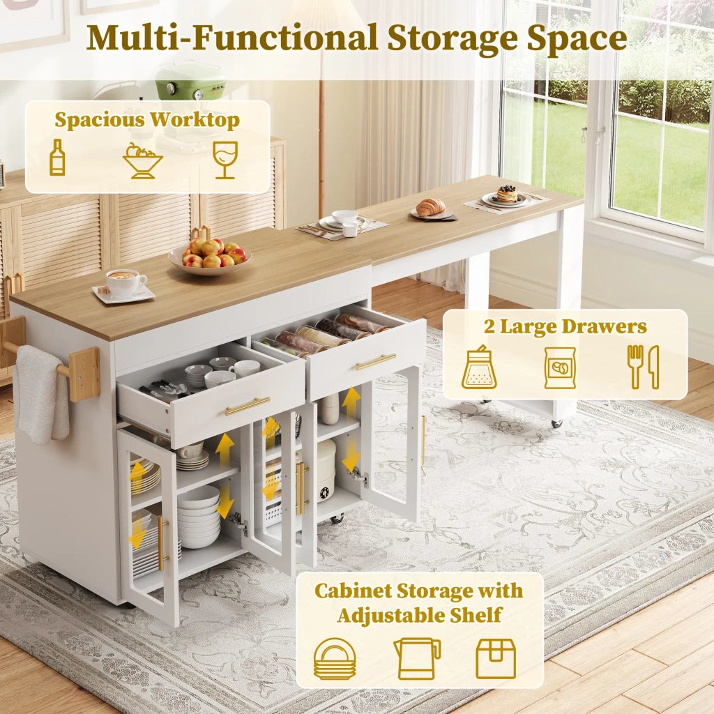 Isola Cucina con Ruote, Tavolo Bar Estensibile, Mobile con Ante in Vetro, Cassetti e Ripiano, Bianco, 132,5-217 x 50 x 93 cm