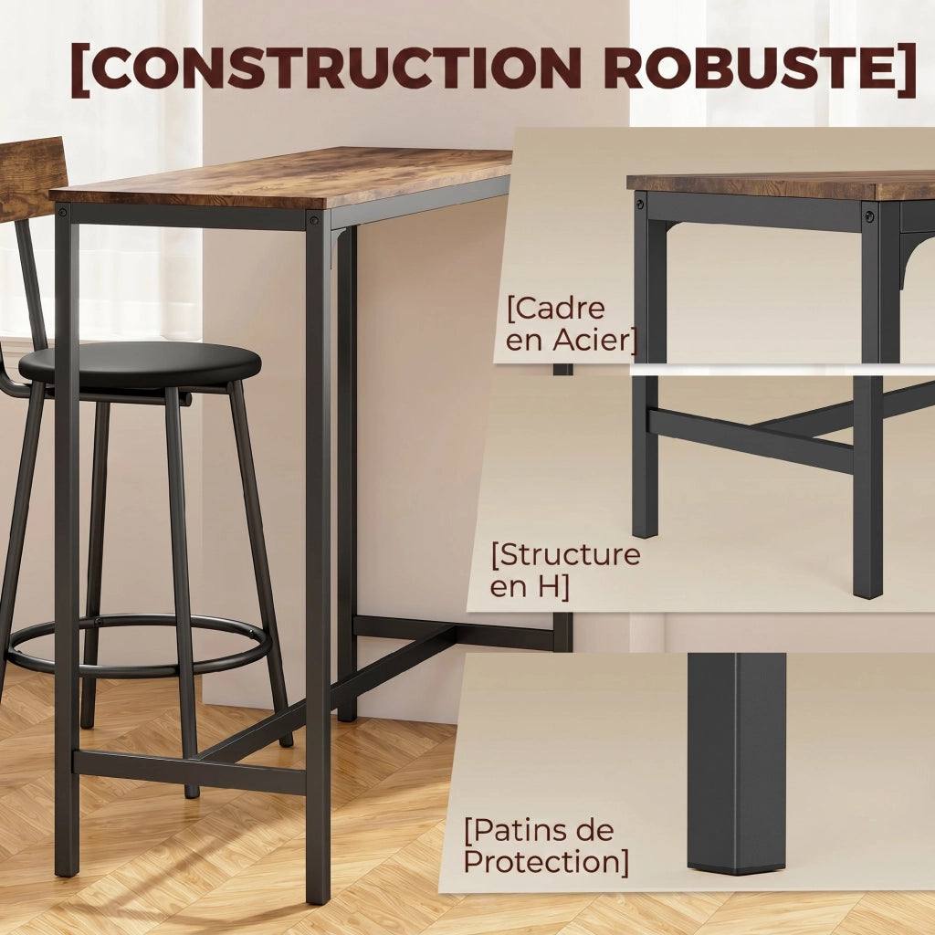 Ensemble Table de Bar avec 2 Tabourets, Table Haute de Cuisine et 2 Chaises de Bar Rembourrées PU, Repose-Pieds, Marron