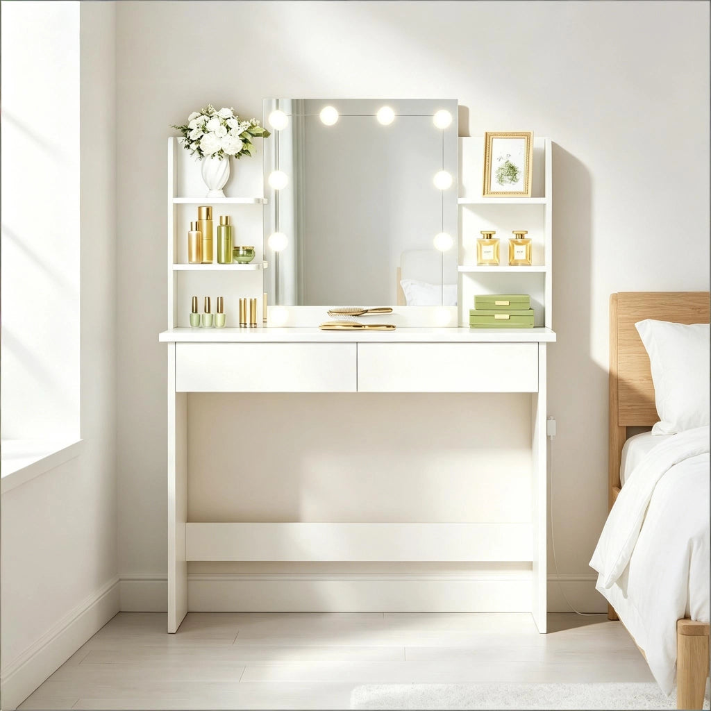 Toeletta con specchio LED 10 luci dimmerabili 3 tonalità 4 ripiani 2 cassetti legno bianco 40 × 90 × 135 cm