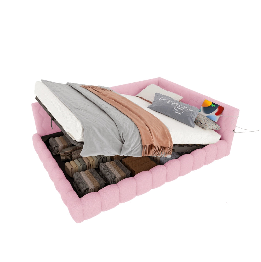 Daybed 140x200 cm rosa con contenitore idraulico, LED, USB e Type-C