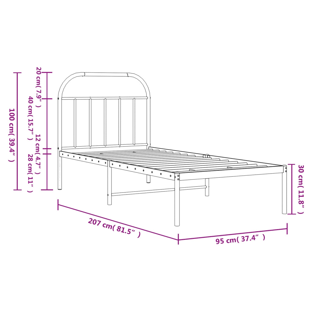 Letto singolo | Letto per adulti | Giroletto con Testiera Metallo Bianco 90x200 cm