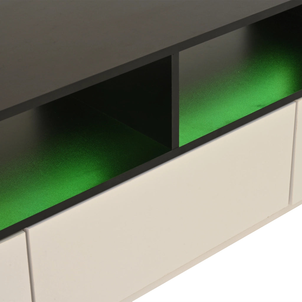 Mobile TV 180x40x48 cm, bianco lucido e nero, con LED, cassetti e design a L. Per TV fino a 75 pollici.