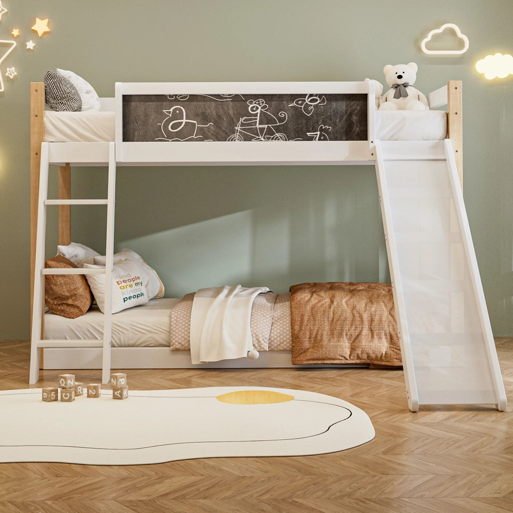 Letto a castello per bambini con scivolo e scala; 90x200 cm; bianco