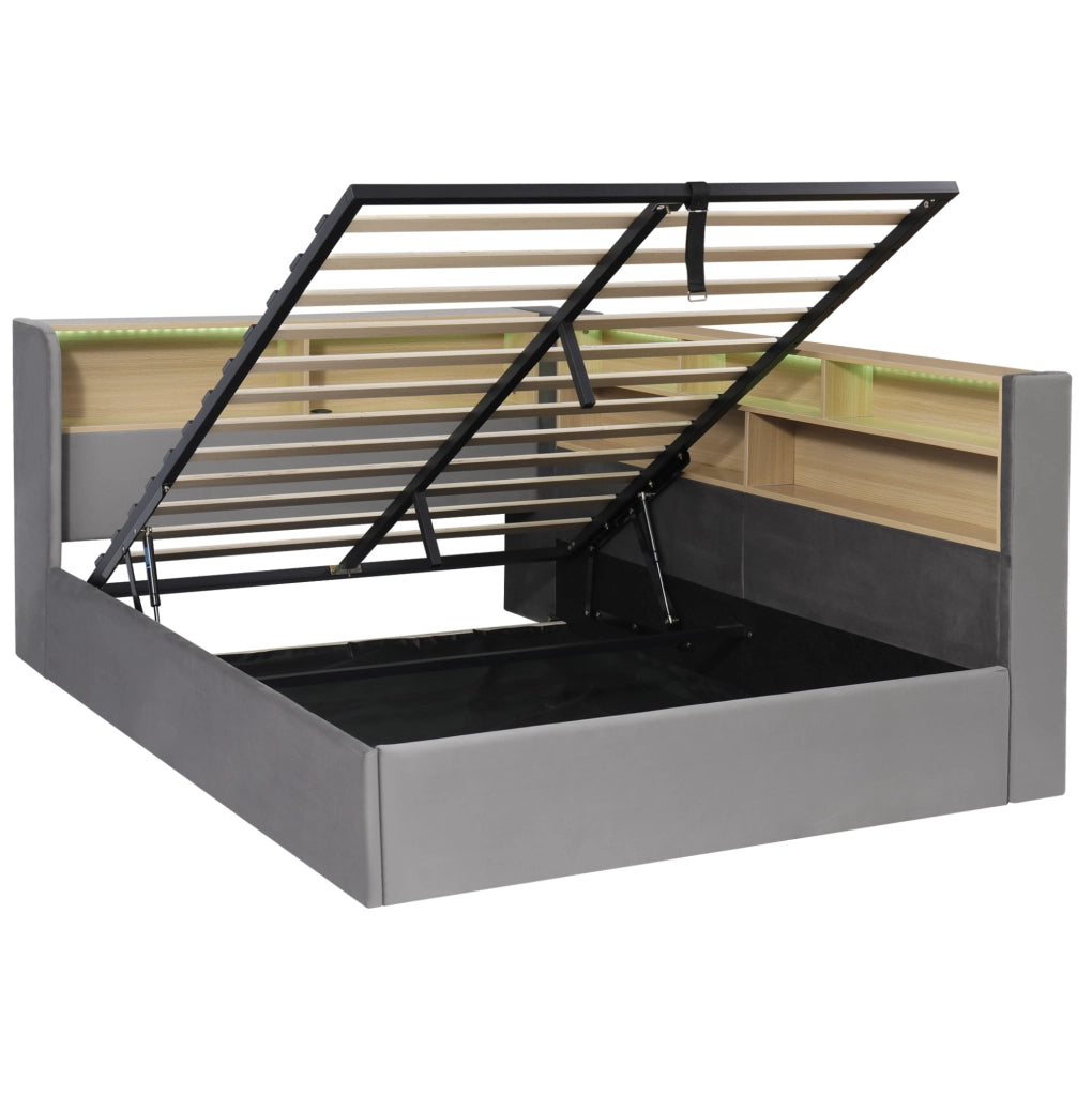Letto singolo 140x200 cm con contenitore idraulico, rivestimento in velluto grigio, luminosità LED e porte USB