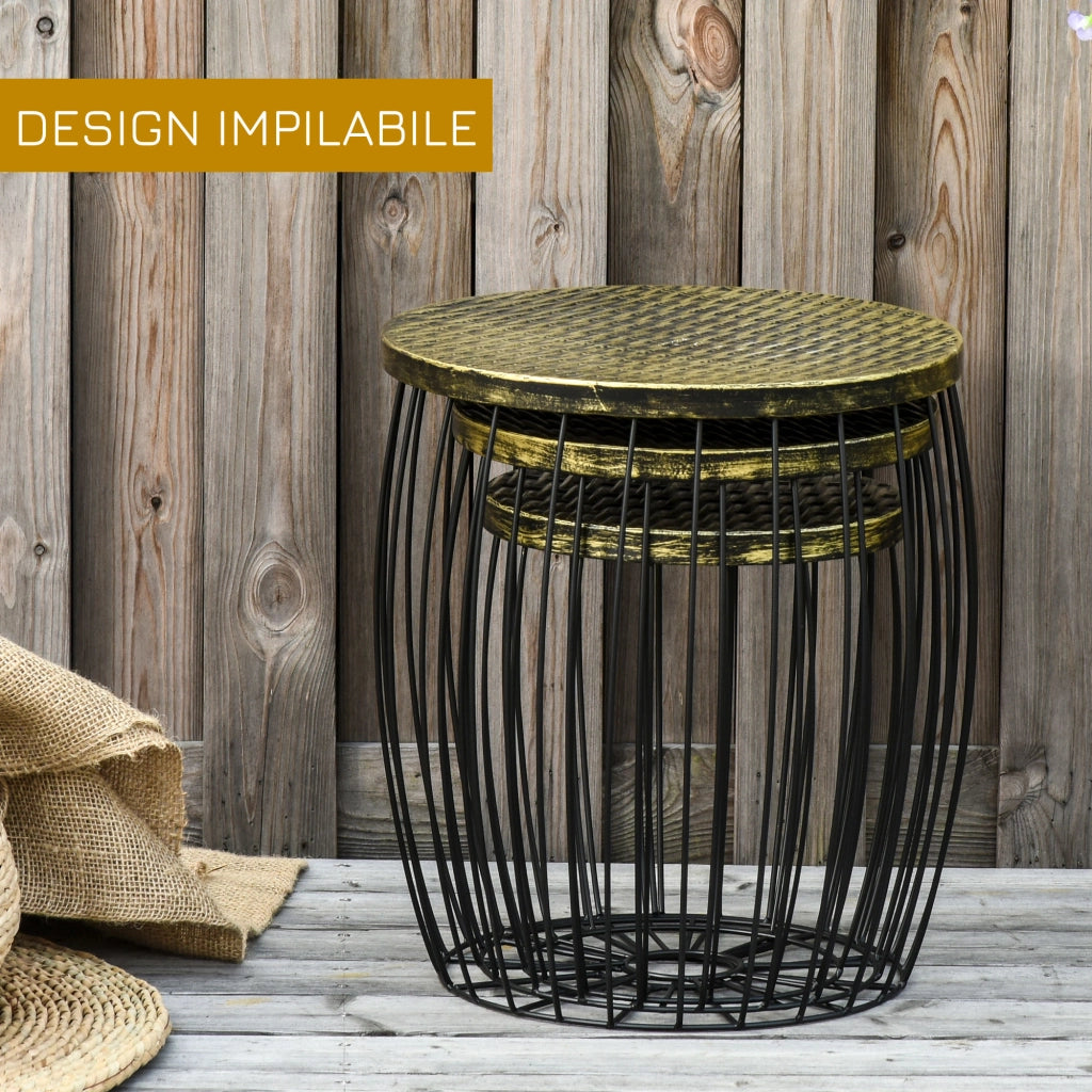 Set da Giardino Esterno, 3 Tavolini da Balcone Impilabili, Arredamento da Giardino Stile Industriale in Metallo, Nero e Bronzo