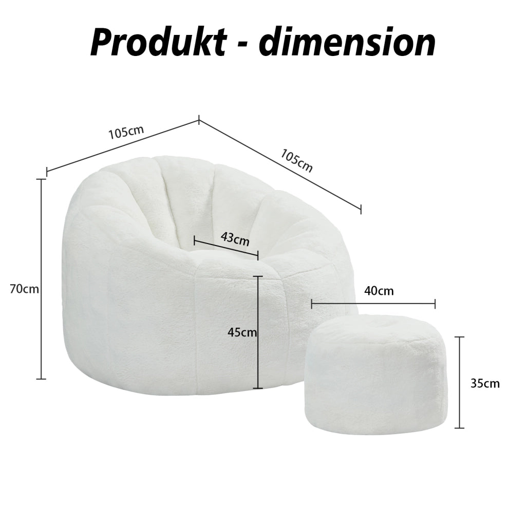 Poltrona a sacco ULEVR con poggiapiedi, design a fiore, rivestimento effetto pelliccia color bianco crema, 105x105x70 cm