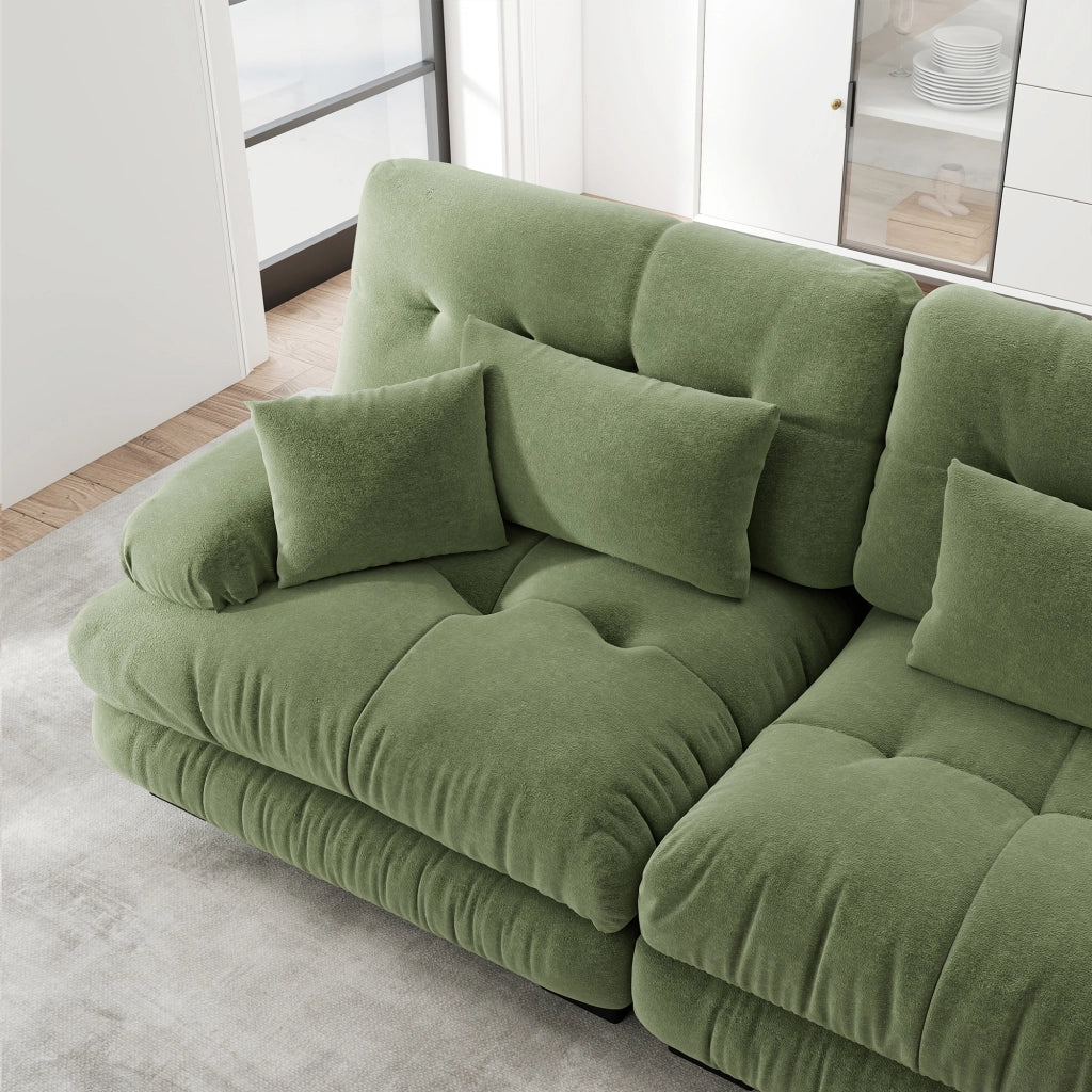 Divano modulare a 2 posti in chenille verde con braccioli arrotondati e pouf mobili