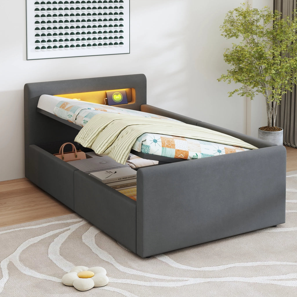 Letto contenitore 90x200 cm per bambini con LED; luce notturna; USB; ripiano; velluto; grigio scuro