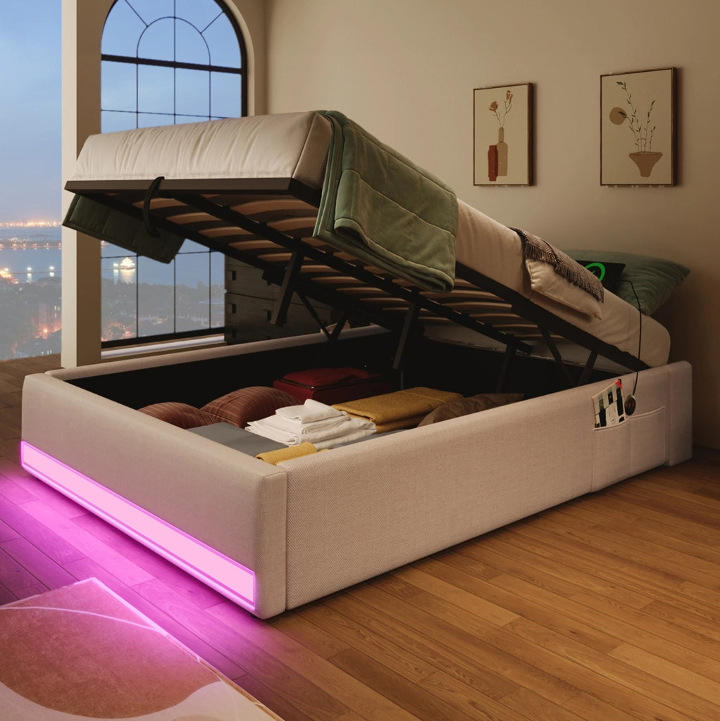 Letto imbottito 90x200 cm beige con LED, USB/Type-C e vano contenitore