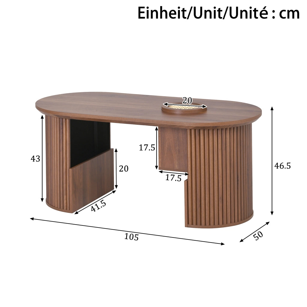 Tavolino da salotto ovale color noce in MDF con venatura verticale e vani contenitore 105 x 50 x 46,5 cm
