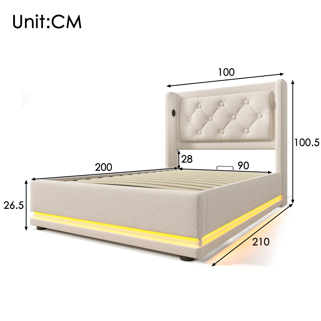 Letto contenitore 90 × 200 cm imbottito in cotone beige con testiera USB Type-C e LED su tre lati