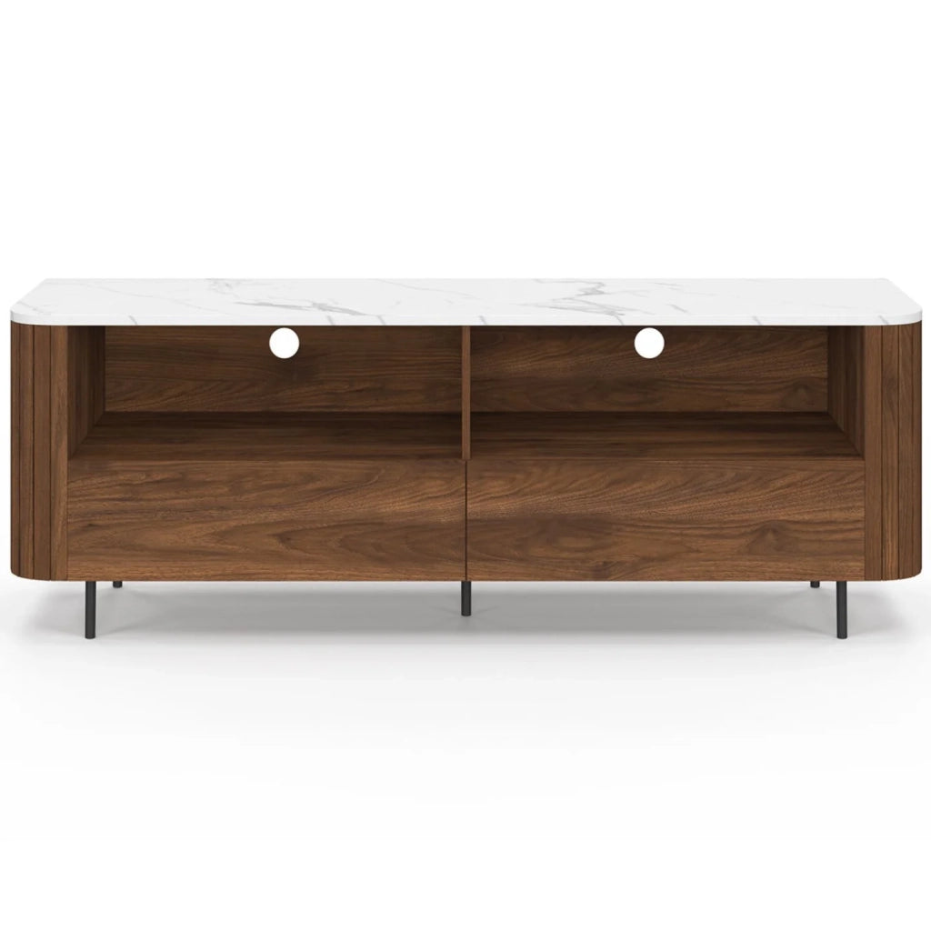 IDMarket - 140 cm MARLA mobile TV effetto doghe in noce con 2 cassetti e piano in marmo bianco ALASKA