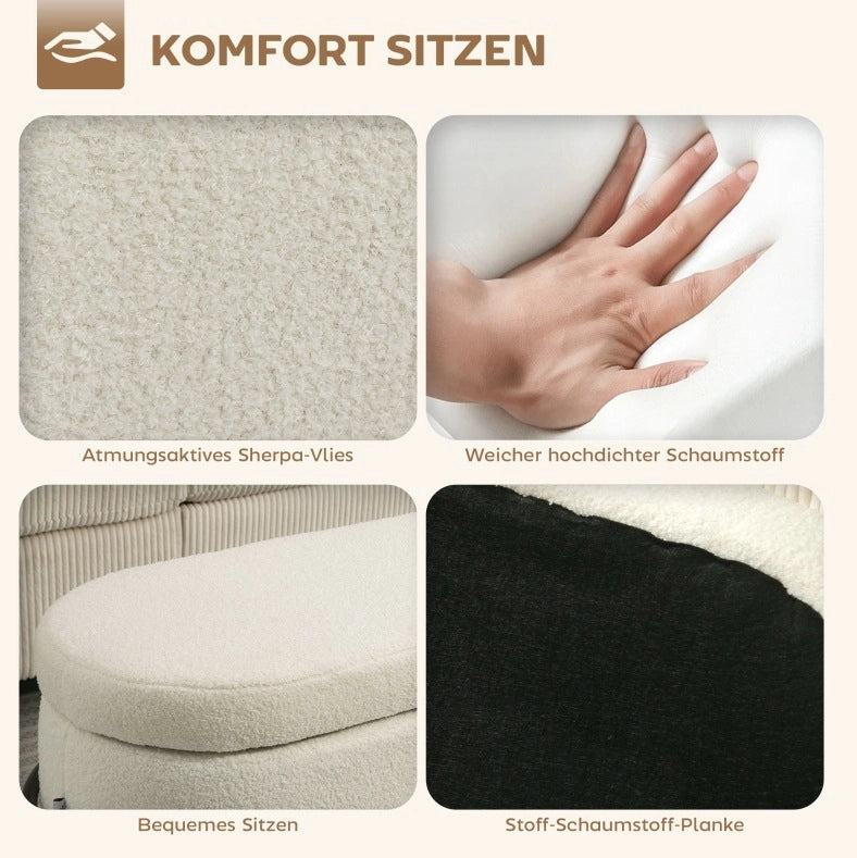 Panchetta con spazio contenitore 69L, seduta imbottita in fleece crema, gambe in acciaio, 114,5x40x48 cm
