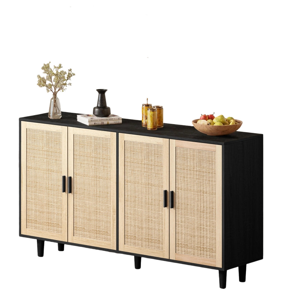 Mobile contenitore 4 ante in rattan 158 x 40 x 88 cm in truciolare nero