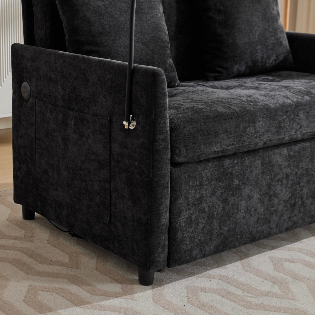 Divano per piccoli spazi in tessuto effetto lino spazzolato nero con porta USB e supporto tablet 83;5 × 109 × 72 cm