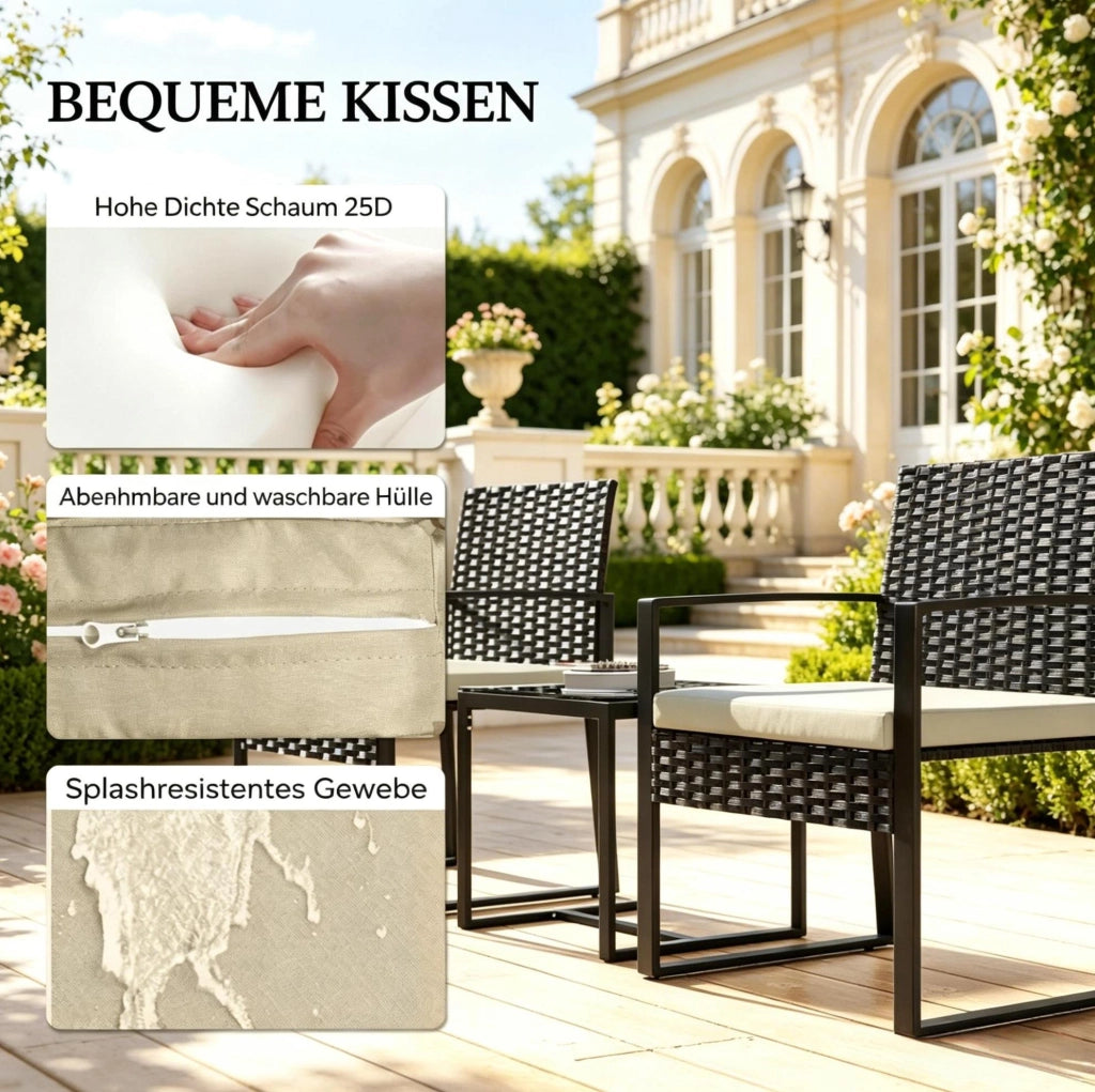 Set Mobili da Giardino Piccolo con 1 Tavolo e 2 Sedie in Rattan PE Marrone e Cuscini