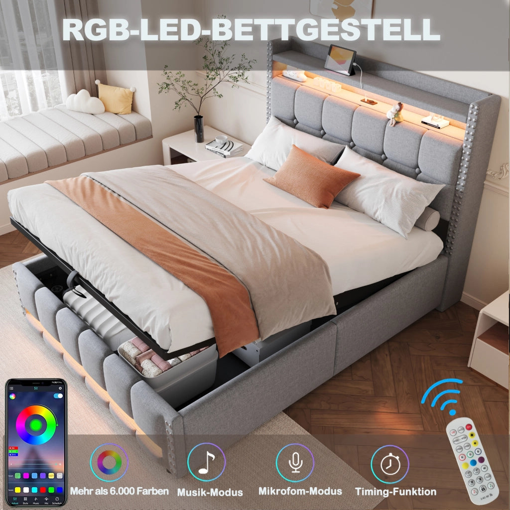 Letto matrimoniale 140×200 cm con contenitore idraulico; LED multicolore e USB; senza materasso; grigio chiaro