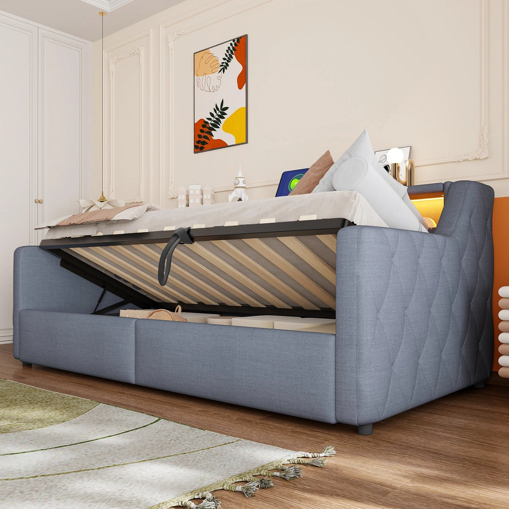 letto in lino e mdf grigio 90 x 200 cm