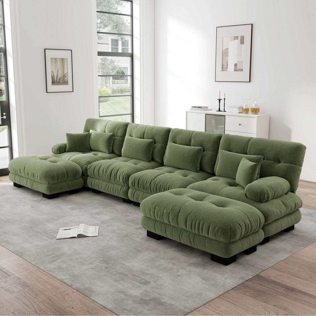 Divano modulare a U 4 posti con ottomane mobili e cuscini lombari, in ciniglia verde, 406 × 145 × 81 cm