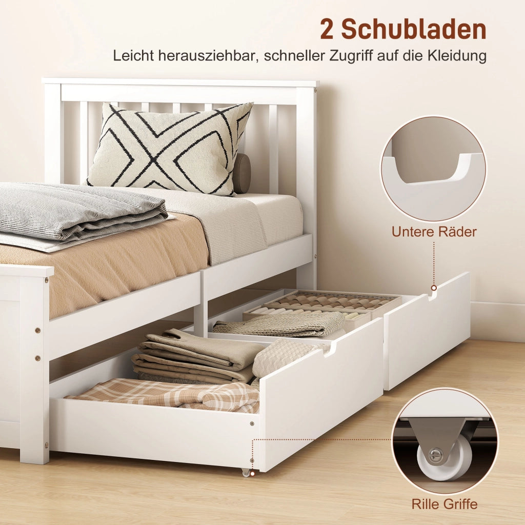 Letto Singolo 90 x 200 cm in Legno Bianco con 2 Cassetti su Ruote, Giroletto Robusto e Salvaspazio per Camera da Letto